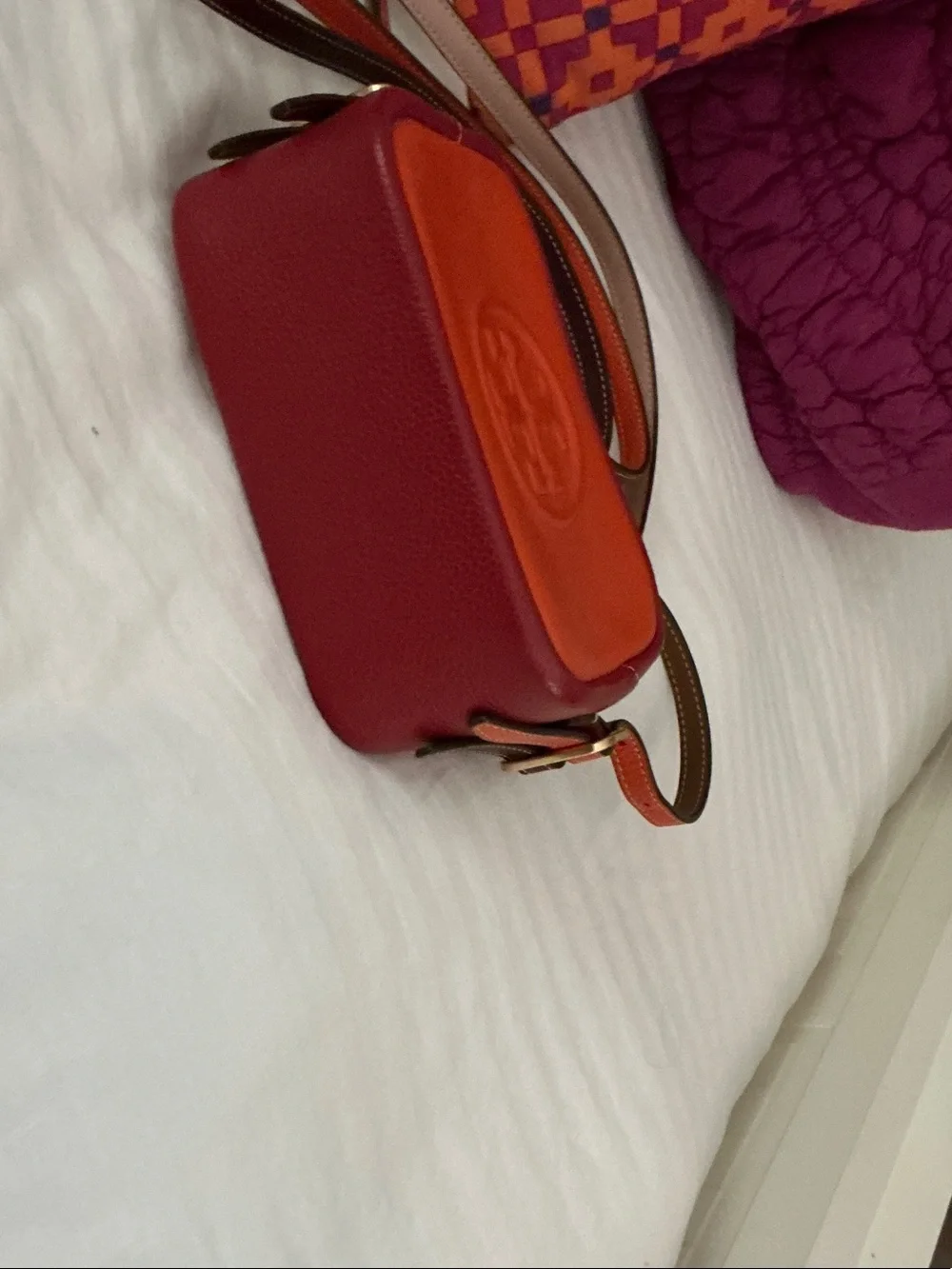 Tory Burch Orange Leather Crossbody Camera Bag with Tan Strap